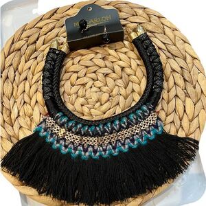 Makarlon Necklace and Earrings Set Fringe Bib Statement Boho Black Hippie Tribal
